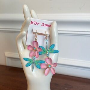 Betsey Johnson Pink Flower and Blue Green Dragonfly Earrings